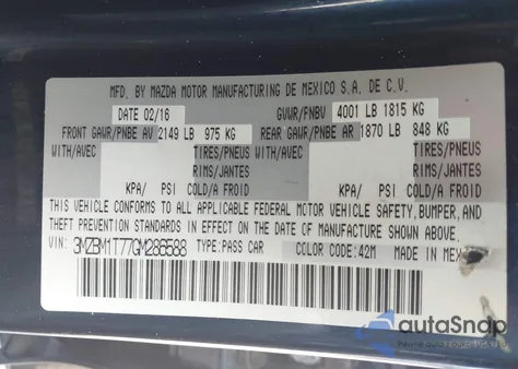 2016 Mazda Mazda3 I Sport from USA, damaged, VIN 3MZBM1T77GM286588